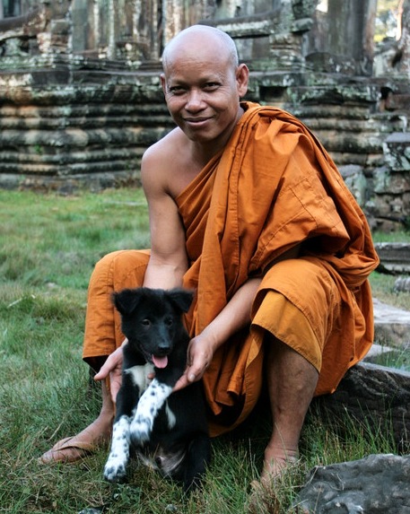 Buddhist Monk and his Dog at Bayon, Angkor Images